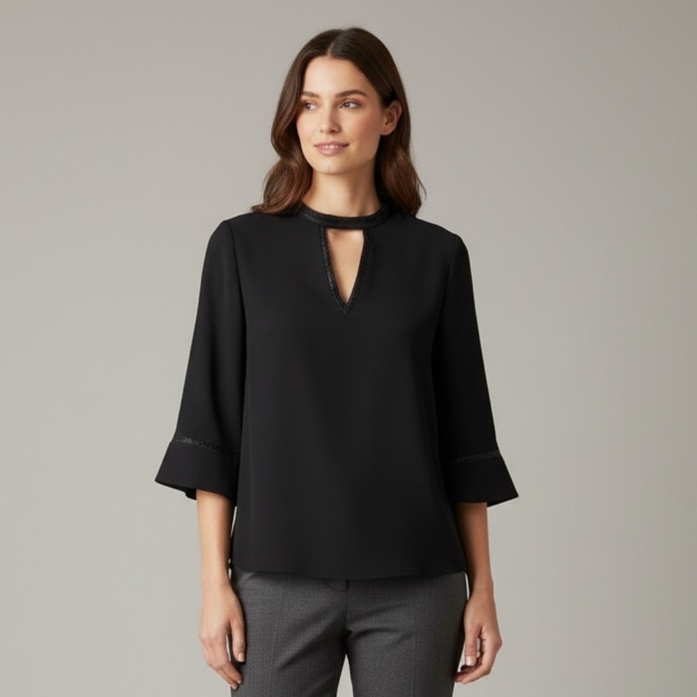 Reiss Kris Keyhole Chiffon Blouse Black Satin Trim 3/4 Sleeve Size 2